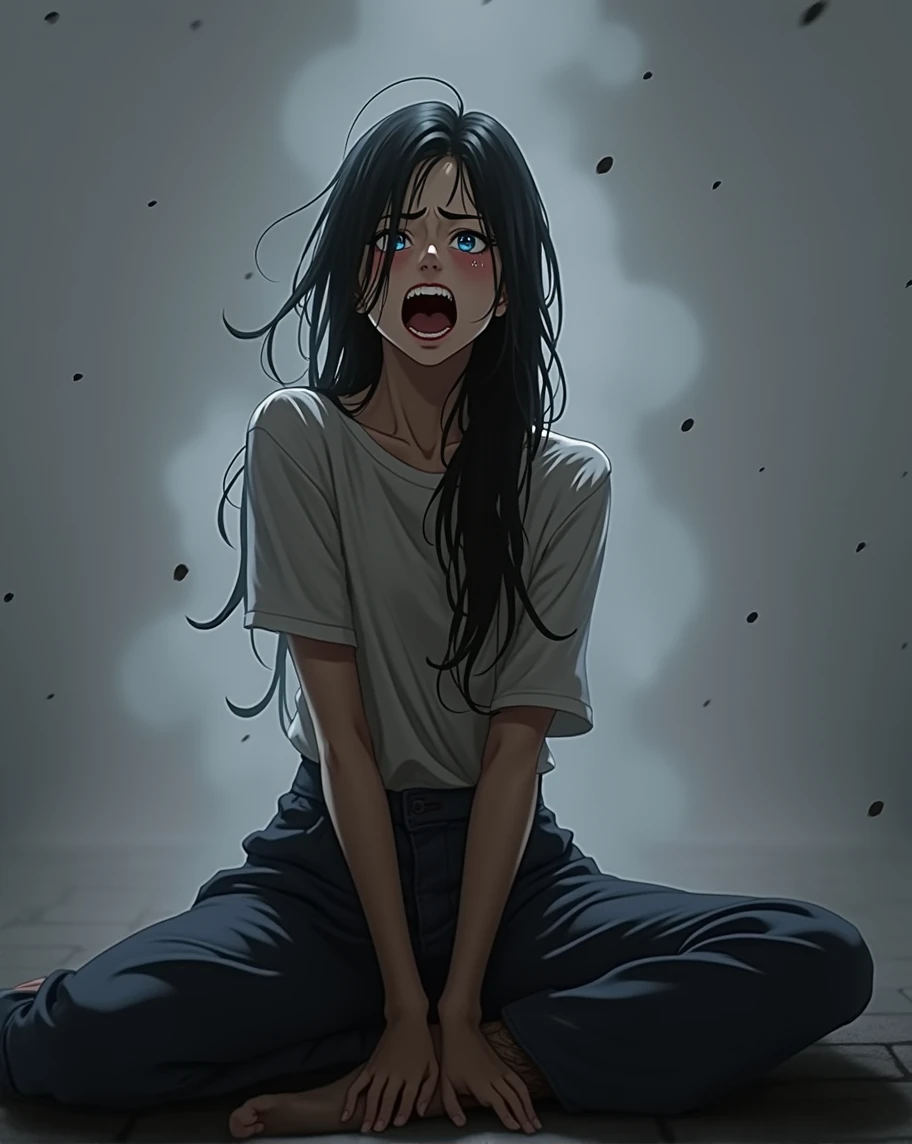 Young woman, Black long hair, Blue eyes, crying a lot, screams in pain, anime art, masterpiece, realistically