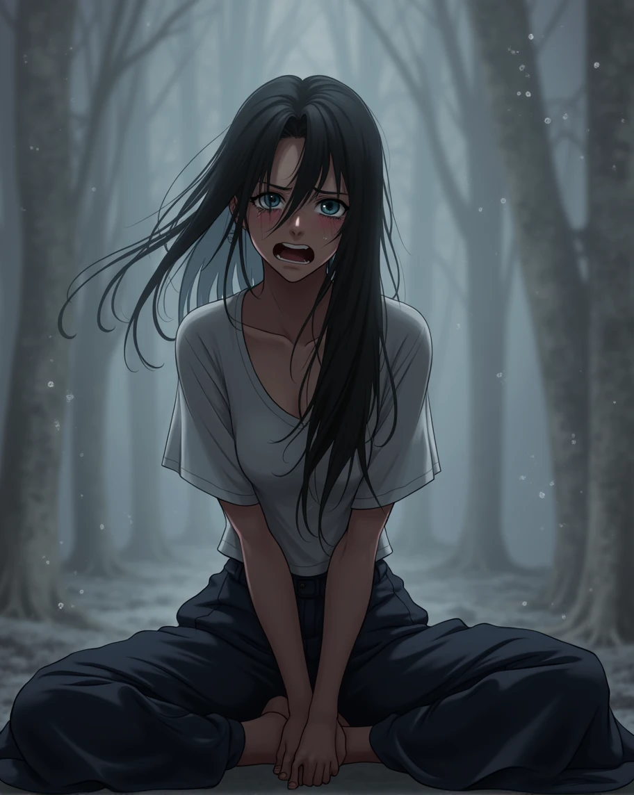 Young woman, Black long hair, Blue eyes, crying a lot, screams in pain, anime art, masterpiece, realistically