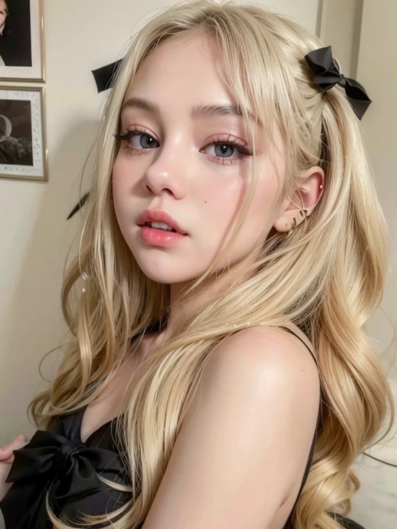 Blonde woman with long hair and piercings posing for a photo..., with long black hair, with long black hair, Perfect white hair girl, Selena Gomez, tifa lockhart with black hair, pale porcelain white skin, anime girl in real life,  with black hair, extremely black hair, very black hair, with long black hair, her hair is black