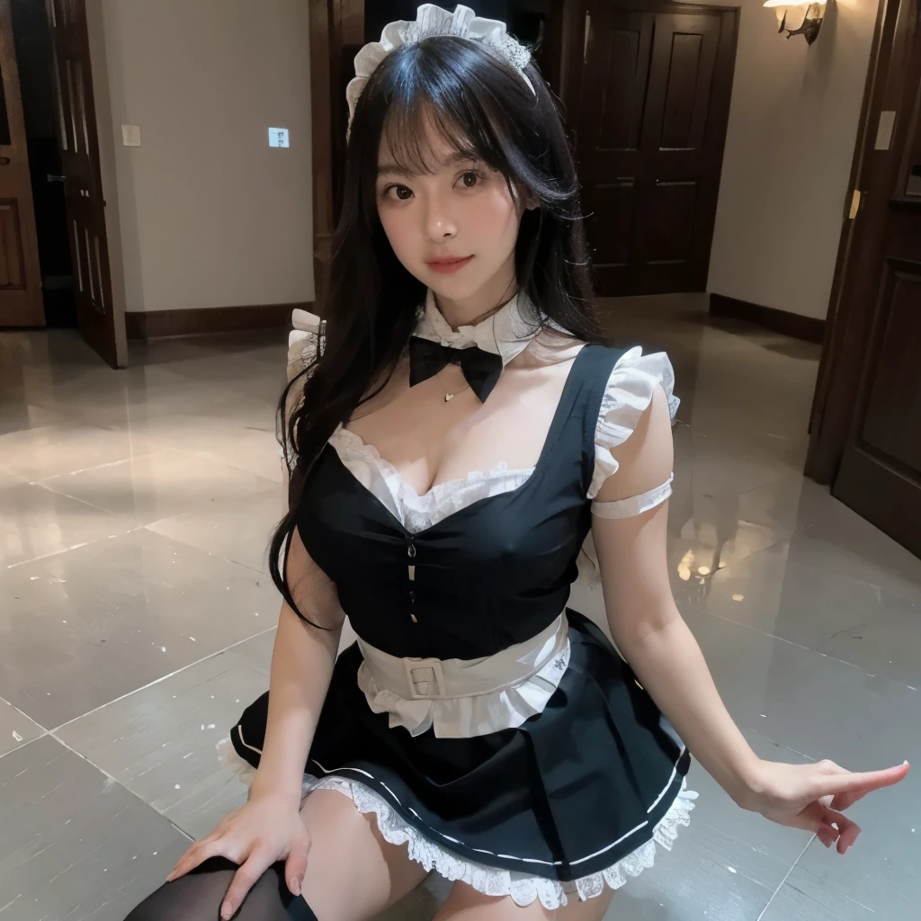 masterpiece,Realistic,Sharp focus,(Realistic:1.3), Ultra-high resolution, 8k, RAW Photos, Highest quality, Detailed Shadows, wonderful, In detail, Sharp focus, (Shine light on your face:1), (Volumetric lighting:1.4),One person,Long Hair,Black Hair,Large Breasts, Heart shaped face,Fuller lips,(maid:1.4), Black Pantyhose, loafers,Are standing,Cafe, From below, View your viewers,