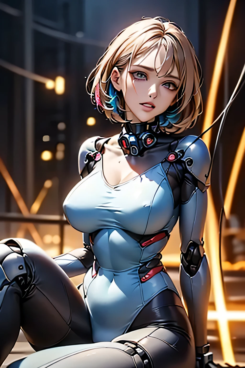 (((Sparks fly))), (((Highest quality))), ((Very detailedな)), (High-definition CG illustrations), ((Very delicate and beautiful)), Cinematic Light,((1 Mecha Woman)),alone,mature,(Ahegao),Big and ample breasts,Plump, whole body,(Machine made joints:1.2),((Mechanical marginal vessels connected to tubes),((Cervical vertebrae mechanically attached to the neck)),(((The crotch is open))),(Sitting),(wires and cables around the neck:1.2),(Overhead Wires and Cables:1.2)(Character Focus),sf,((Very detailed,colorful)),Best details, ((background: basement))