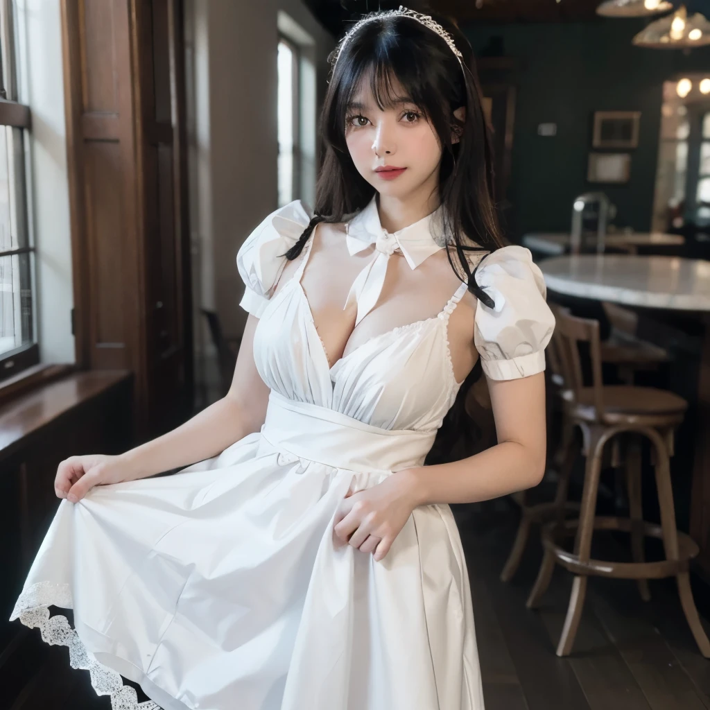 masterpiece,Realistic,Sharp focus,(Realistic:1.3), Ultra-high resolution, 8k, RAW Photos, Highest quality, Detailed Shadows, wonderful, In detail, Sharp focus, (Shine light on your face:1), (Volumetric lighting:1.4),One person,Long Hair,Black Hair,Large Breasts, Heart shaped face,Fuller lips,(maid:1.4), Black Pantyhose, loafers,Are standing,Cafe, From below, View your viewers,