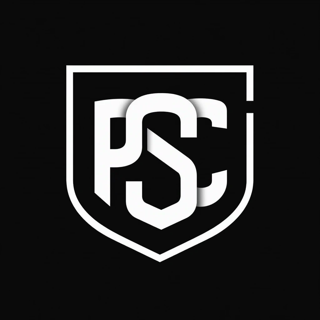 a football logo with the letters PSC in black and white
