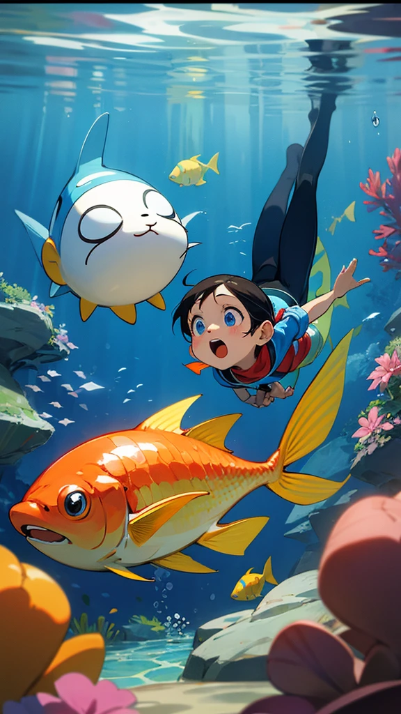 A cute Doraemon wearing a tiny diving mask, swimming underwater in a tropical ocean with colorful fish, 3D render, cartoon style