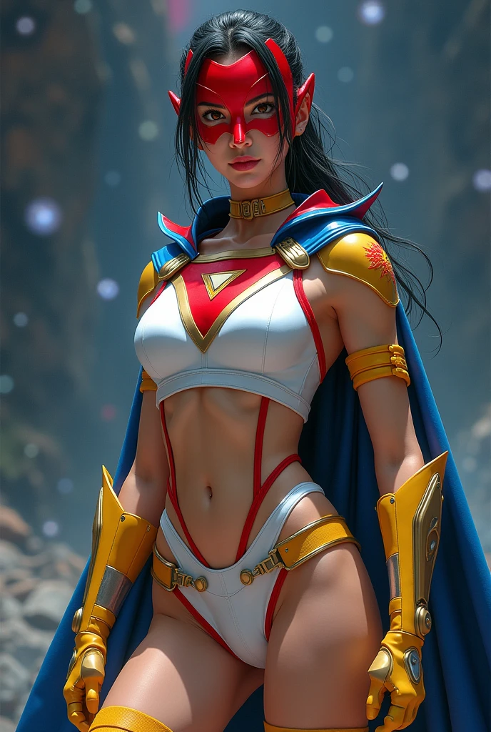 Ultra high quality, female, age 30-40, japanese, dark hair, low ponytail, muscular, strong, full body, costume: red metallic domino mask, gold choker, blue cape, spandex, one-piece, sleeveless white suit with red sides, up side down red triangle symbol, cutout belly, yellow undies, thighs out, white thigh-high socks, yellow boots, yellow fingerless gloves, white shooter sleeves, metal accents, stellar background