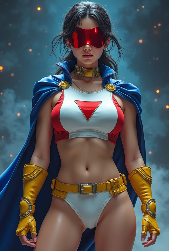 Ultra high quality, female, age 30-40, japanese, dark hair, low ponytail, muscular, strong, full body, costume: red metallic domino mask, gold choker, blue cape, spandex, one-piece, sleeveless white suit with red sides, up side down red triangle symbol, cutout belly, yellow undies, thighs out, white thigh-high socks, yellow boots, yellow fingerless gloves, white shooter sleeves, metal accents, stellar background
