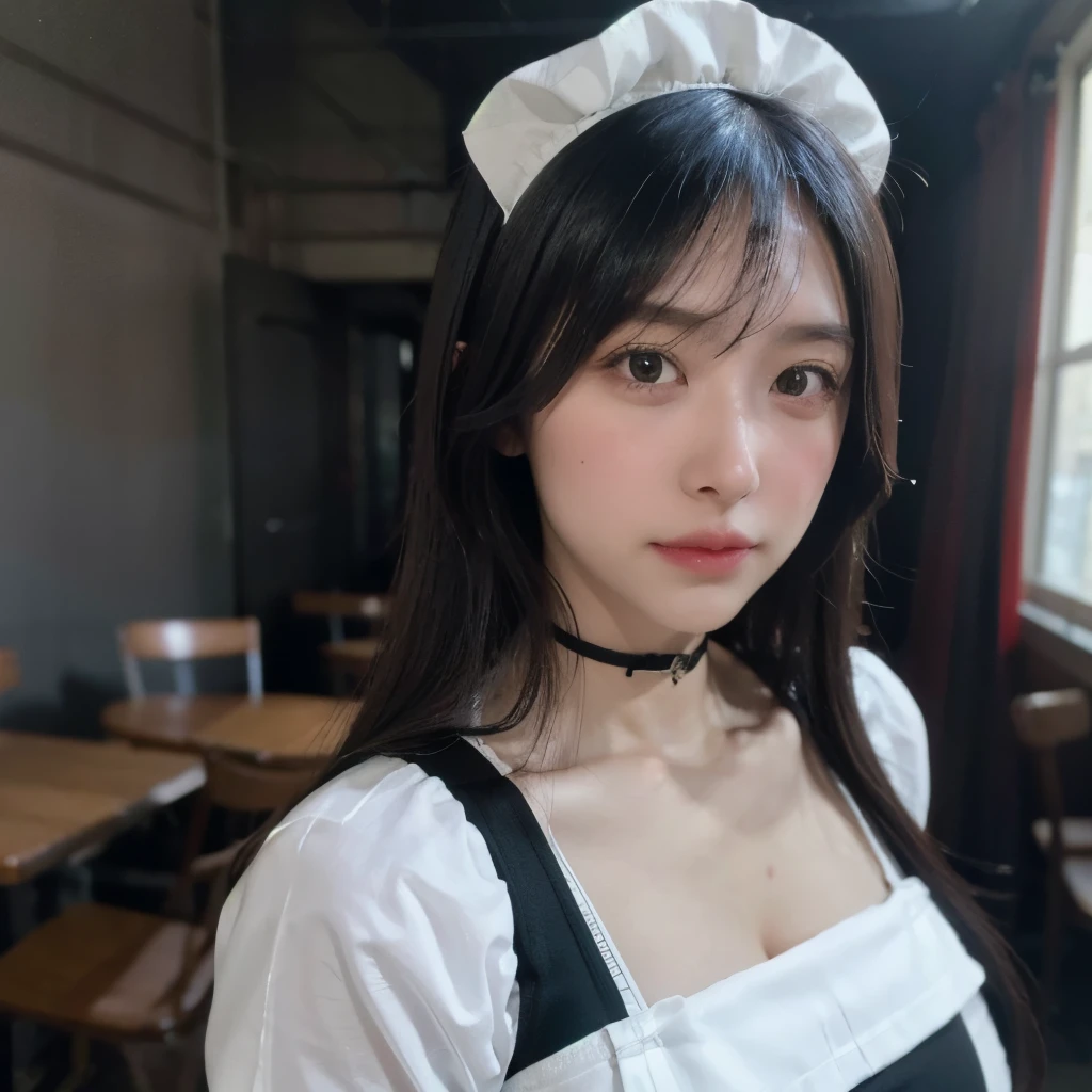 masterpiece,Realistic,Sharp focus,(Realistic:1.3), Ultra-high resolution, 8k, RAW Photos, Highest quality, Detailed Shadows, wonderful, In detail, Sharp focus, (Shine light on your face:1), (Volumetric lighting:1.4),One person,Long Hair,Black Hair,Large Breasts, Heart shaped face,Fuller lips,(maid:1.4), Black Pantyhose, loafers,Are standing,Cafe, From below, View your viewers, 