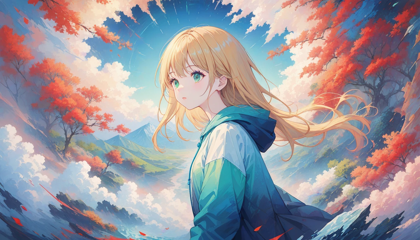 masterpiece, (beautiful and aesthetic:1.5), surrealism, highly detailed, anime, a side view painting of 1girl, wearing multicolored hoodie, blonde long hair, green eyes, red and dark blue color pallet, hard brush, gradient binary code effect, minimalist low poly collage illustration, paintings effect, heavy inking, featured on pixiv, saturated colors, hypercube, pixelsort, epic composition, epic proportion, dynamic lighting, HD