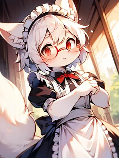 (best quality,high resolution,masterpiece:1.2),fox，White hair，Cute teenage characters,Height 180cm,Beautiful and delicate red eyes,There is a horizontal blue arrow-shaped pattern below the glasses.，Wearing round glasses，Soft white hair,Hair covers the ears,White ears，White Tail，A white fringe of bangs,Long eyelashes,Wearing a maid outfit，Facing the camera,panoramic，whole body