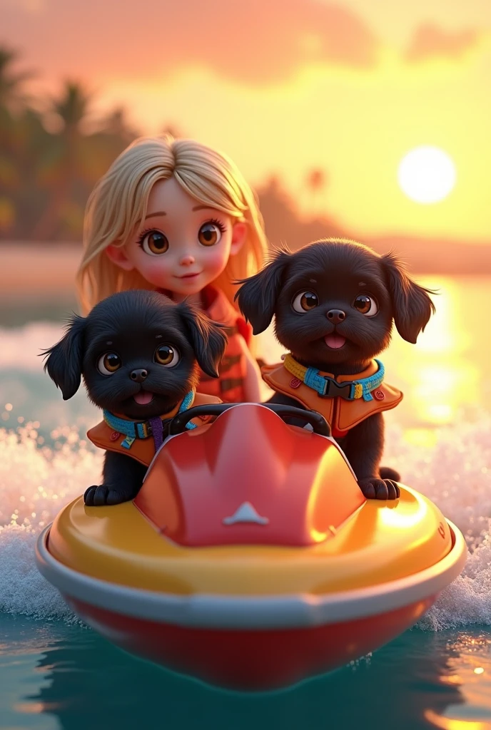 cute adorable 2 black shih tzu puppies, cute blonde girl, extremely detailed, big blue eyes, wearing colorful collar and life jackets, riding jet ski, 3D Pixar style, at beach, sun rise in background photorealistic, (best quality,8k,highres,masterpiece:1.2),ultra-detailed,(realistic:1.37),HDR,vivid colors,studio lighting