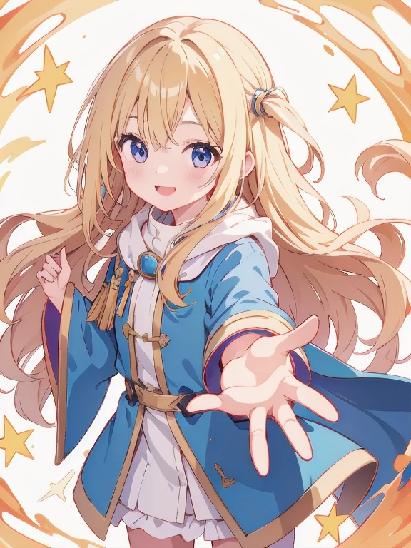 Highest quality、Ultra-high resolution、Highly detailed face、Eye highlights、A girl , still with a touch of childishness、Long wavy blonde hair、Wizard Costume、Outstretched Hand、Magic Light、smile