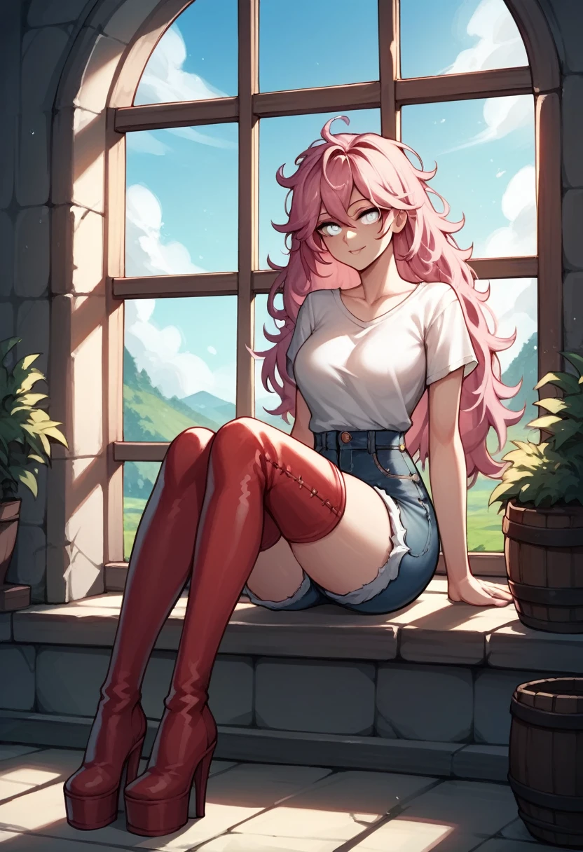 score_9, score_8_up, score_7_up, score_6_up, score_5_up, score_4_up, source_anime, 1woman, sexy face, sit, pink hair, long hair, white eyes, croosed legs, messy hair, white shirt, jeans shorts, red thigh high boots, platforms, heels, day, windows, beautiful view from the window, There are forests and fields outside the window, dungeon, best quality, best res, 4K UHD,