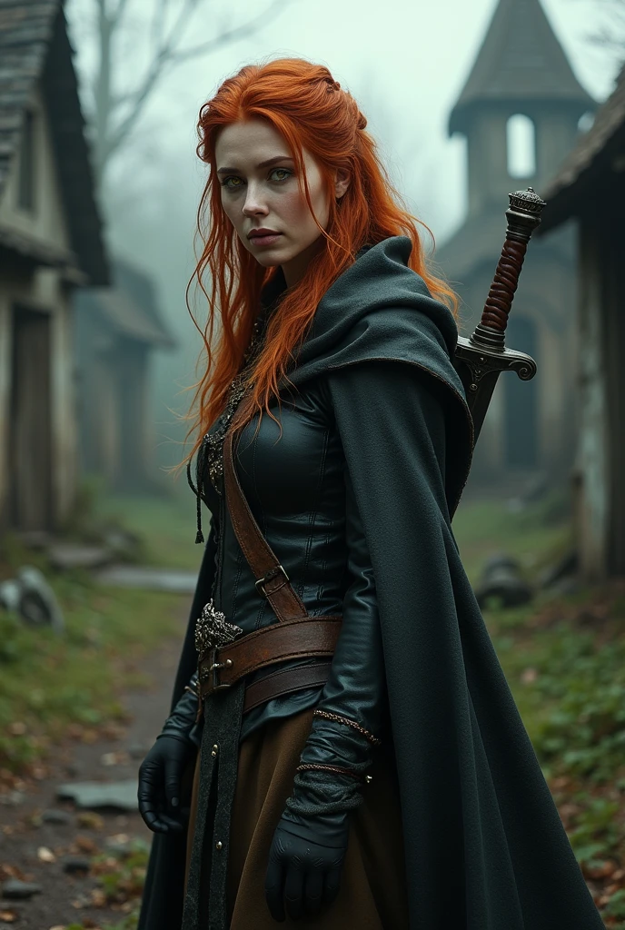 a one woman, 30years, redheadwear, yellow eyes, arched eyebrow, he would be, witch, detailed leather clothing, sword in the back, abandoned village background.