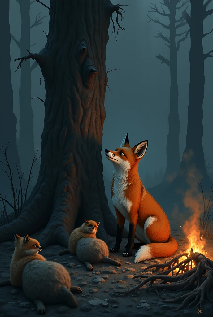 In the foreground, a sorrowful fox stands near the base of a large tree. Scattered around her are the lifeless bodies of her cubs, a tragic and heartbreaking scene. The fox gazes up with a mixture of grief and quiet vengeance.At the base of the tree, the charred remains of eagle chicks lie amid ash and burnt twigs. Smoke and embers rise into the air, a reminder of the fire that has consumed the eagle's nest. The background shows a dark forest filled with an eerie, dim atmosphere. The sky is gloomy, amplifying the somber tone of the scene.The entire image is a representation of the aftermath of betrayal and the consequences that follow.