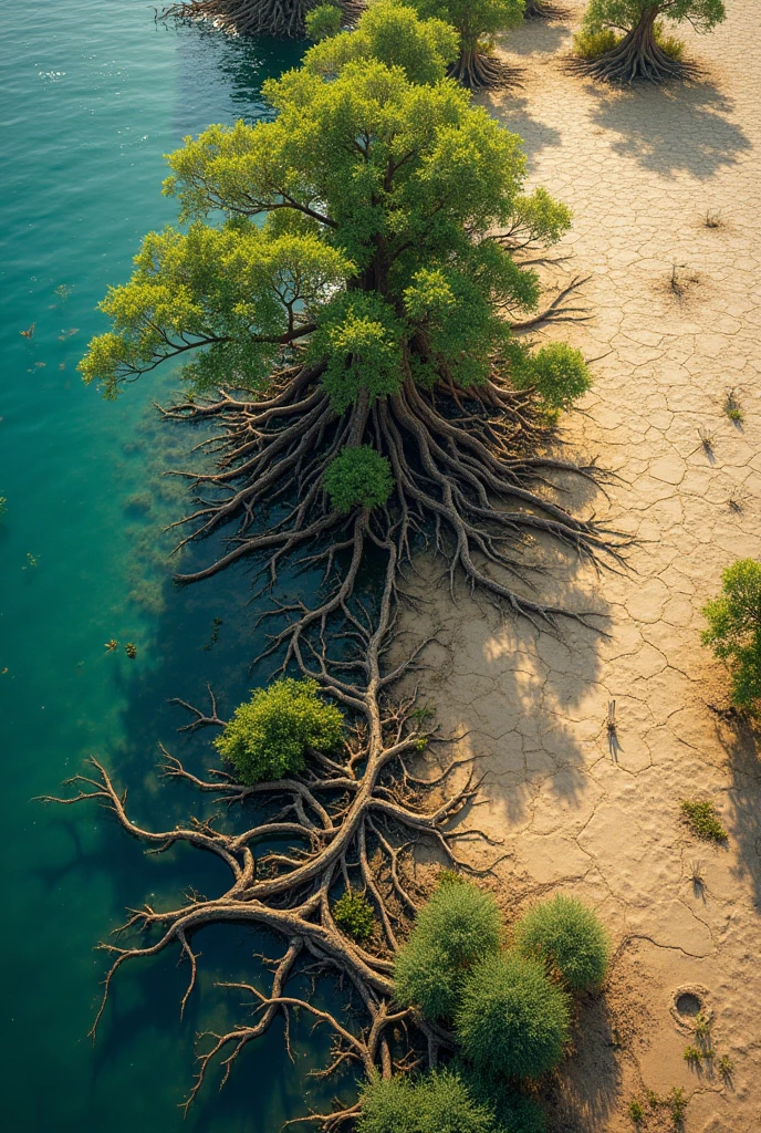 J&#39;I need&#39;a vibrant mangrove on the left side, and a dry spot on the right side, divise-le en 2, very realistic 