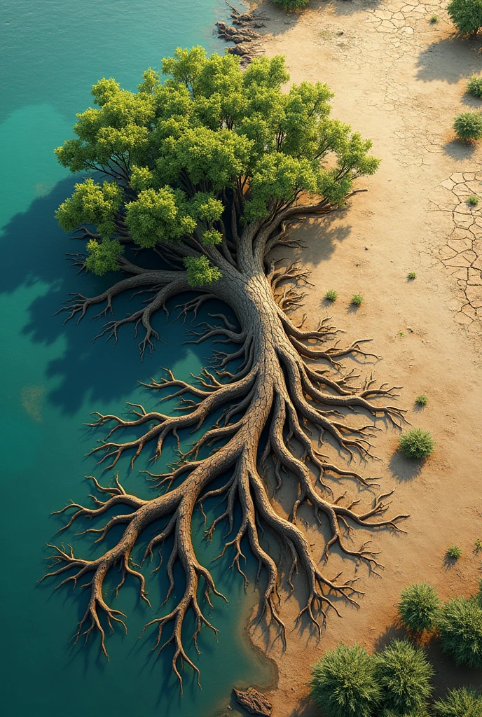J'I need'a vibrant mangrove on the left side, and a dry spot on the right side, divise-le en 2, very realistic