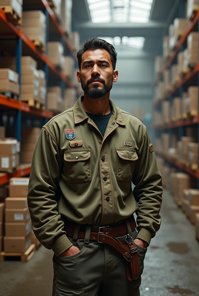 Person wearing a warehouse worker's smock