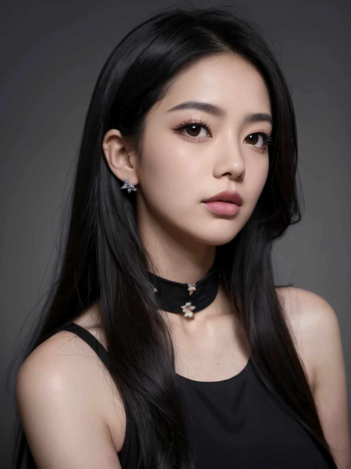 Jenny Kim with dark black hair, Dark black hair with color at the ends, Star clip in her dark black hair, brightly colored eyes, pretty eyes, pretty, upturned nose, pretty lips, pink lips, Heart and cupid shaped lips, pretty skin, White skin, There are moles and freckles all over the face., Soft pink blusher on cheeks, natural pink blusher, Dark and gothic makeup, goth jenny, I have a good neck, Prominent collarbone, angry expression, With a necklace, pretty kiss necklace, 그녀가 Wearing a pink corset 있는 동안, Pink corset with garfish, Wearing a pink corset, Showing off my naked breasts, There are two pink paper hearts on her nipples, She has a pacifier with a pink paper heart on it. (big bust, soft chest, nice tits, Natural breasts looking at the camera, auto photo