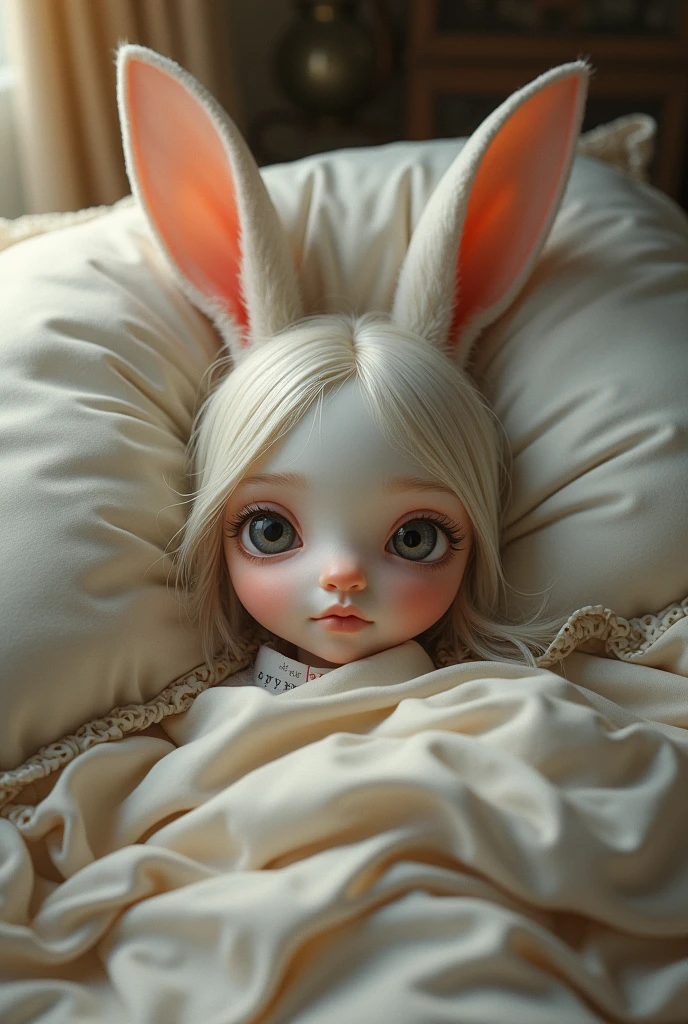 Draw a girl who is half rabbit in bed
With a face that looks a little apprehensive