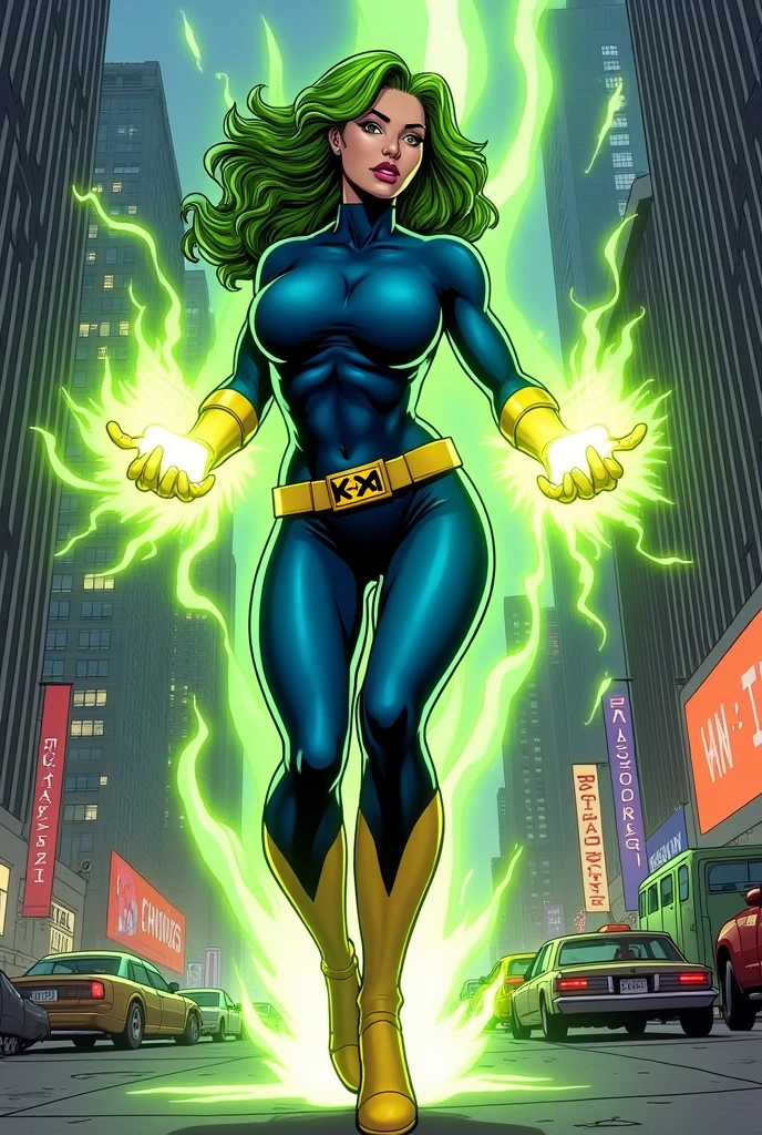 Lorna Dane, polaris x-men, (green thick wavy long hair:1.4), (busty breast:1.4), wearing a blue costume, with yellow xmen belt, yellow glowes, yellow boots, flying in New York city, (profile side:1.4), (she's using her green power:1.3), (comic style:1.4)