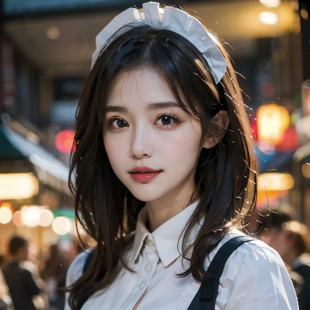 masterpiece,Realistic,Sharp focus,(Realistic:1.3), Ultra-high resolution, 8k, RAW Photos, Highest quality, Detailed Shadows, wonderful, In detail, Sharp focus, (Shine light on your face:1), (Volumetric lighting:1.4),One person,Long Hair,Black Hair,Large Breasts, Heart shaped face,Fuller lips,(maid:1.4), Black Pantyhose, loafers,Are standing,Cafe, From below, View your viewers,