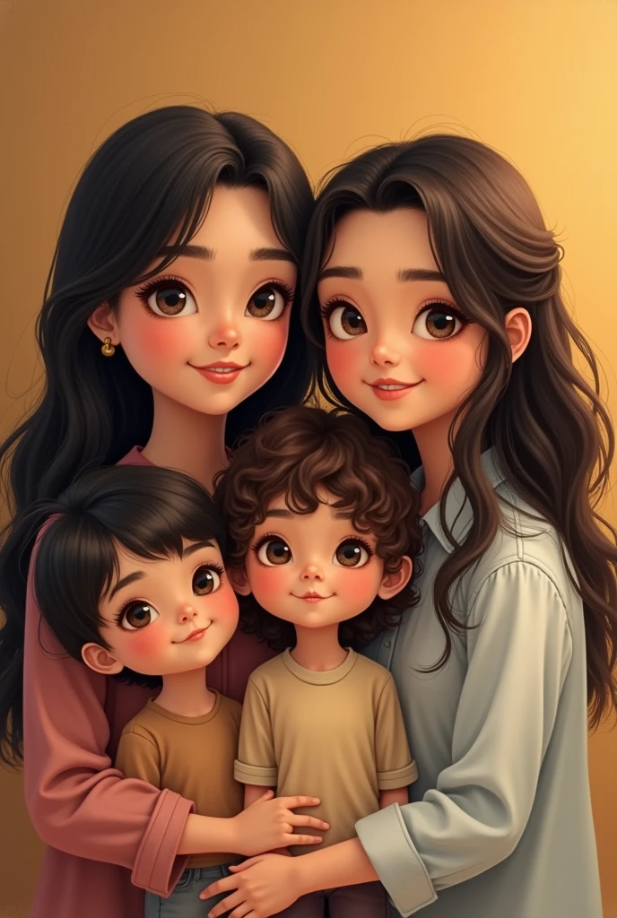 A thirty-seven-year-old mother with long, straight black hair and a teenage daughter with long, wavy brown hair., a four-year-old son with short straight black hair and a one-year-old daughter with brown curly hair