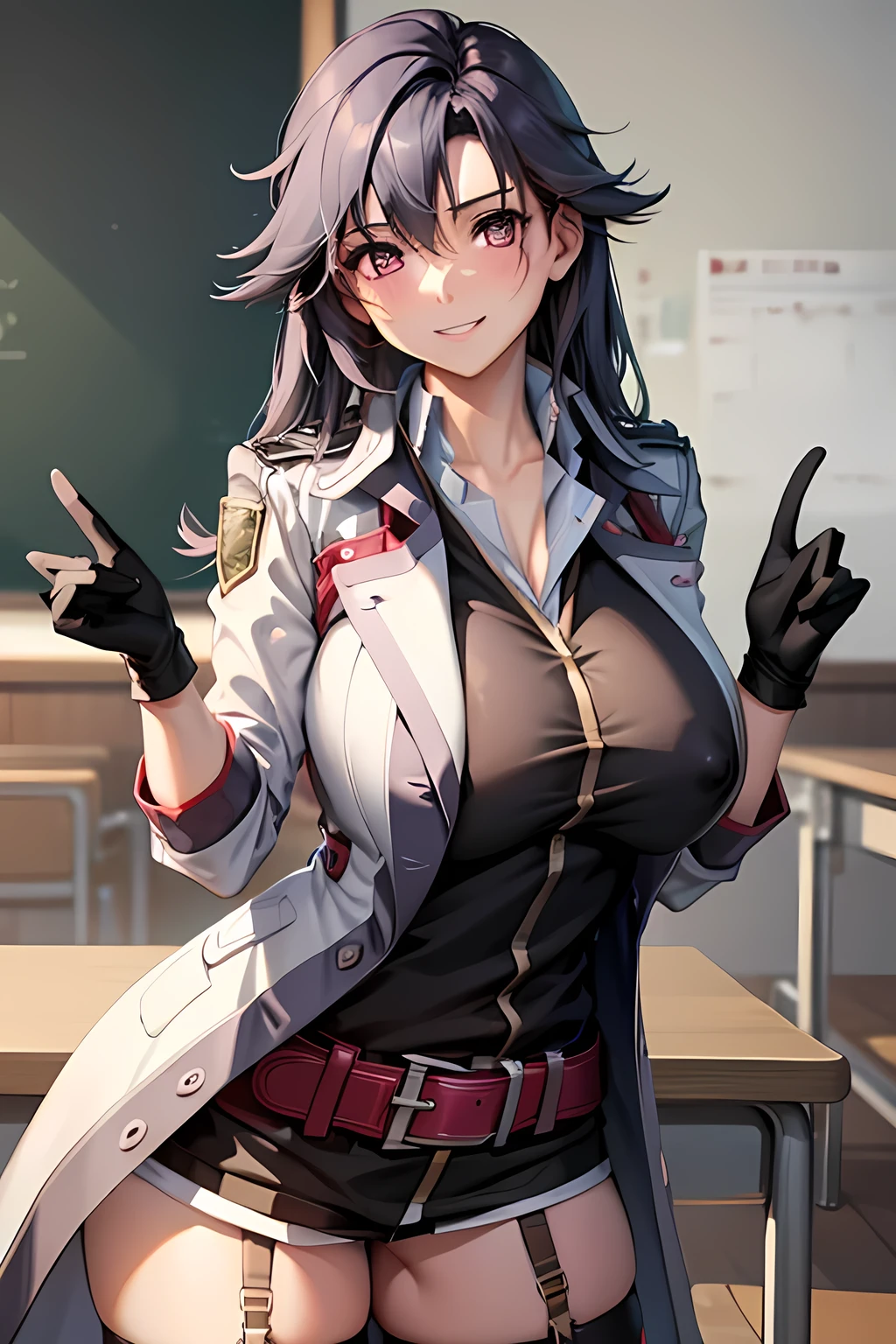 masterpiece, mischievous smile, light blush, looking at viewer, huge breasts, sexy pose, female rean schwarzer, long hair, white coat, black shirt, black gloves, thigh strap, red belt, black short shorts, nipples, detailed white classroom in the background