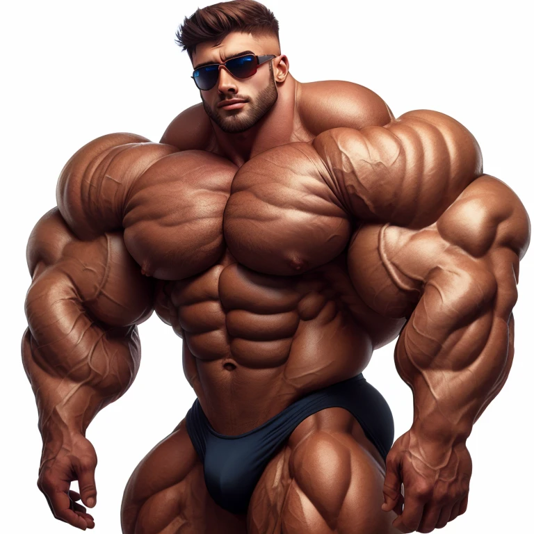 brutalmass, bodybuilder poss, a very handsome young man, sunglasses, shirtless, exaggeratedly muscular, on a white background