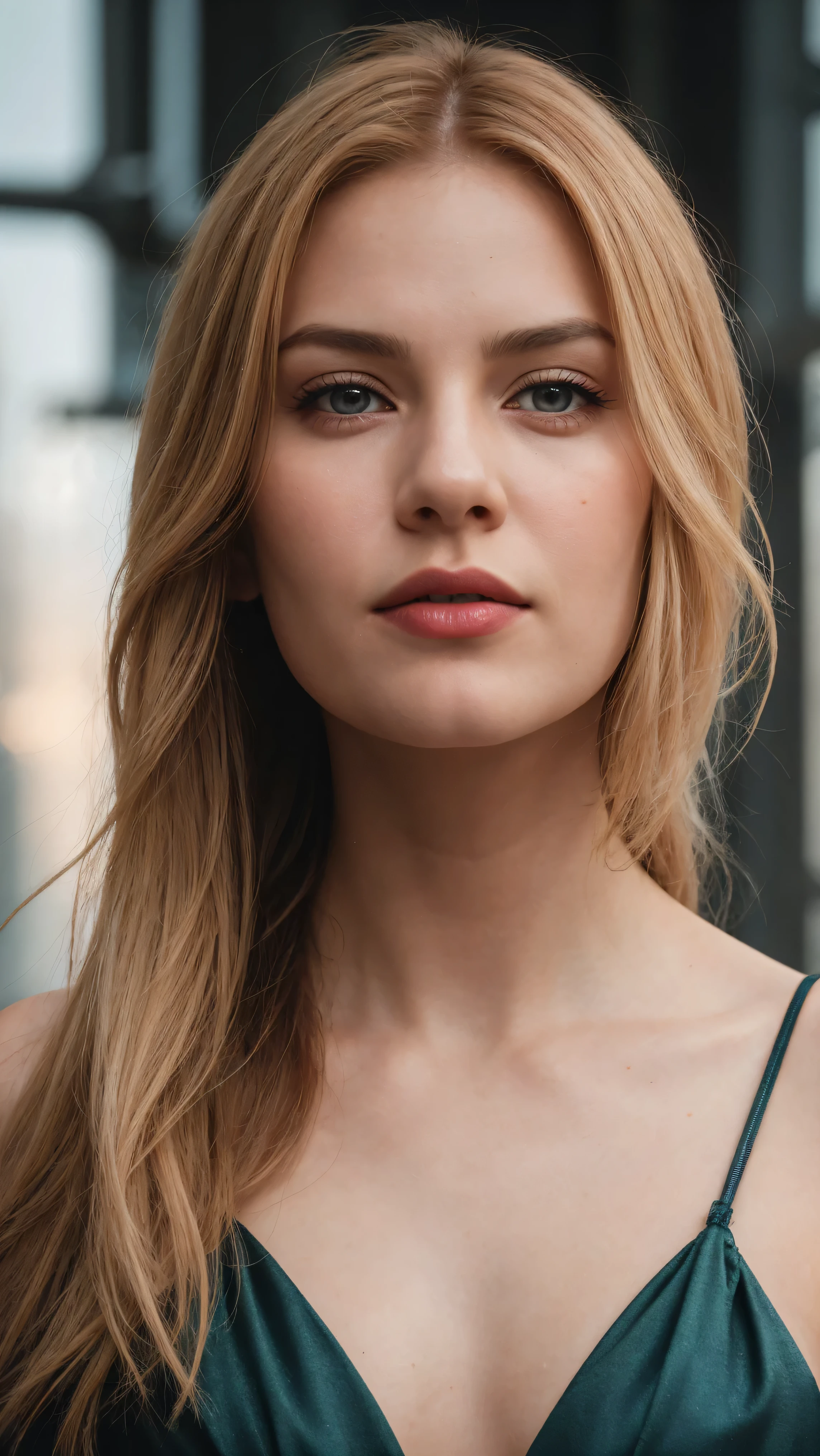 a woman with red hair, hyper-realistic skin, shiny/glossy, modern jewelry, gongbi, portraiture, dark teal and light gold, tropical landscapes, Face portrait photo oF a 21 Year-old German woman, .raw, beautiFul woman, half strawberry lips, strawberry lipstick, Fossettes, big breast, realistic legs, high heels, nostalgic look, detailed light brown eyes, great student, thin eyelashes, (Brown extra long blond hair), ((detailed Face)), ((detailed Facial Features and skin texture)), (Finely detailed skin), light brown skin, (Deep neckline detailing high-tech cyberpunk dress), Cyberpunk big city environment, (cold colors), moist, moist, reFlections, (masterpiece) (height ratio / perfect width) (photo realist) (best quality) (detailed) Shot with Canon EOS R5, ObjectiF 50mm, F/2.8, human development report, (8k) (wallpaper) (light) (Dramatic Light) (sharp focus) (complicated), sharp details, skin detail sharpness,