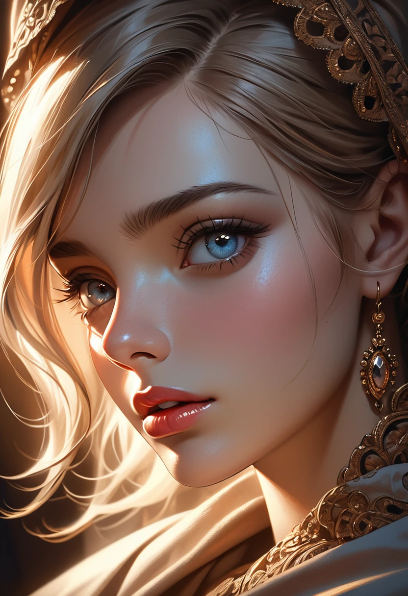 a hyper realistic detailed portrait of a woman, beautiful detailed eyes, beautiful detailed lips, extremely detailed eyes and face, long eyelashes, elegant facial features and expression, flawless skin, intricate details, 8k, high quality, photorealistic, masterpiece, oil painting, soft lighting, warm color tones, chiaroscuro, cinematic lighting, dramatic shadows and highlights, atmospheric, dreamlike