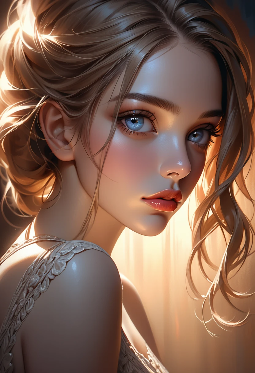 a hyper realistic detailed portrait of a woman, beautiful detailed eyes, beautiful detailed lips, extremely detailed eyes and face, long eyelashes, elegant facial features and expression, flawless skin, intricate details, 8k, high quality, photorealistic, masterpiece, oil painting, soft lighting, warm color tones, chiaroscuro, cinematic lighting, dramatic shadows and highlights, atmospheric, dreamlike