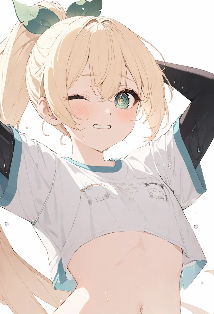 (musterpiece), (best quality), (score_9, score_8_up, score_7_up), official art, absurdres, highres, ultra-detailed, waifu2x, Collection: Slice of Life, very detailed eyes, expressive eyes, perfect face, very detailed face, highly detailed face, beautiful girl, 8K, (white background), dark intense shadow, Ultra-high resolution, (clear line illustration:1.2), very high resolution, very aesthetic, super detailed skin, Best sexual lighting powered by famous artist, 8k, cute picture, beauty illustration, (Detailed Lighting), best anime 8k wallpaper, 1girl, vtuber style, cool girl, hololive, vtuber, kazama iroha, blonde hair, ponytail, green eyes, sharp eyes, hair between eyes, big T-shirt, small chest, cropped shoulders, Navel-baring abs, sweating, sweat, wet body, wet hair, hot, one eye closing, blush, (upper body), from below,