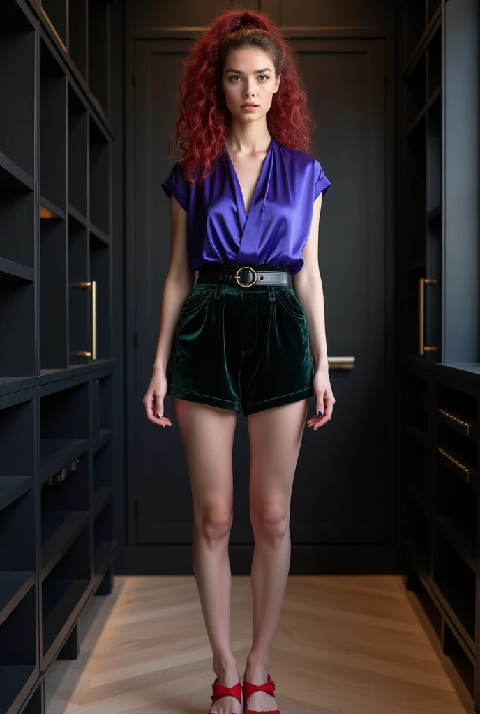 Full-length body shot of a short 24-year-old woman with vibrant maroon layered medium-length curly hair in a pony tail, very pale skin, and blue eyes. She is wearing a sapphire blue-purple silk short-sleeve halter top that is untucked, with a thick black belt cinched around her waist over the shirt. She also wears black velvet shorts with a green sheen and red wedge sandals. She is standing in a chic, large black walk-in closet with cinematic lighting.