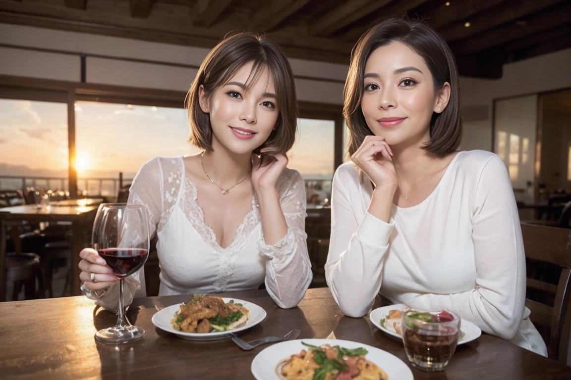 (Realistic:1.1),(masterpiece,Highest quality),8k,(49 years old), 53 years old, ベリーslimボディ、slimカップル、Tight waist,Upper Body,full-course dinner、wine 、Amazing view of the sunset sky and clouds、Perfect Anatomy, Brown Hair, short hair,Random Hairstyles,((Highly detailed face and eyes:1.2)),Perfect golden ratio face,Long sleeve shirt、dress,(smile:1.2)、Shortcuts、cute、(Realistic, Intricate details:1.2), A bright smile、short hair,Bright Face、赤wine 、Appetizers、Italian food、wine bottle、Champagne、スパークリングwine、(slimな顔), (The body is slim), (Brown Hair), (Shortcuts), Upper Body, 白wine, slim, wineグラス,