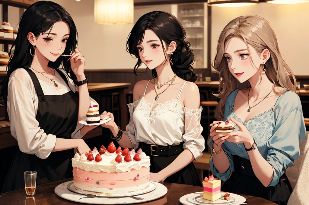 highest quality、High resolution、detailed background、beautiful and detailed face、beautiful and smooth skin、skin texture、cuteteenage girl、(three women)、realistic、perfect body line、black hair braided ponytail、cute hairstyle、Calm atmosphere、
happy look、smile、laughter、sexual expression、Upper body、Tea time at the cafe、
(Three women enjoy chatting and savoring cakes and sweets in a cute cafe:1.5)、
(Three women enjoy chatting and savoring cakes and sweets in a cute cafe:1.5)、
Choose white or pastel colors for lace tops and flared skirts.、sandals or heels、If your lace top is see-through, layer it with an inner camisole to keep it classy.、
Choose a lace blouse in a soft color and add feminine movement with a pleated skirt.、
Adding lace to the sleeves and collar of the blouse makes it even more cute.、
Choose a colorful lace camisole and add a touch of elegance with a midi skirt、cute、
Simple and elegant pearl earrings、delicate chain necklace、Choose a design that matches your style, such as a simple pendant or one with stones.、
A watch that gives an elegant and sophisticated impression、It is best to choose a design that matches your taste and outfit, such as a leather belt or metal belt.、
A simple bracelet that shines on your wrist、Choosing one with a thin chain or simple design will give you an elegant impression.、A thin ring worn on the fingertip、
When adding accessories, pay attention to the appropriate balance and layering.、cute