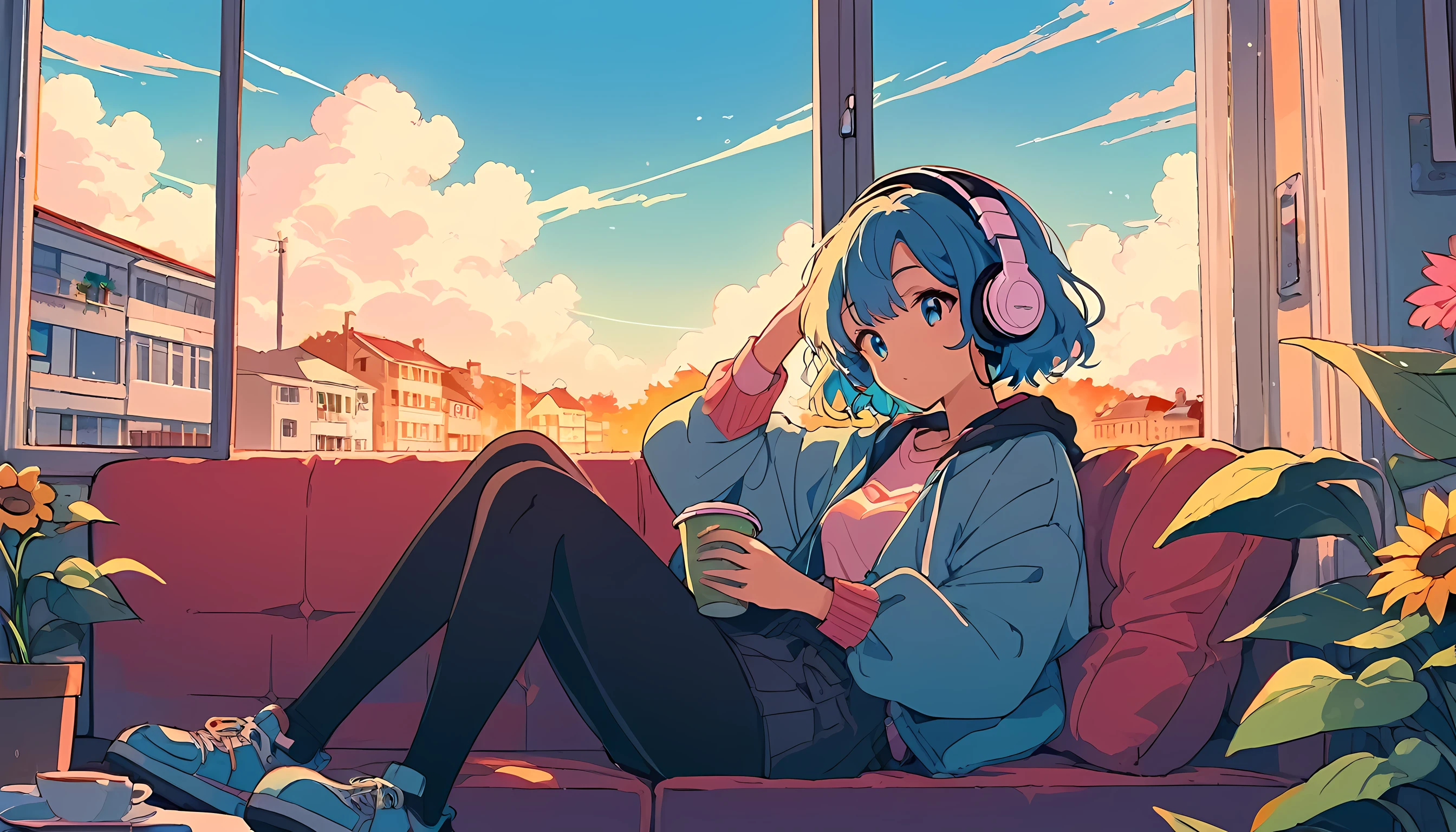alone, lofi girl, lofi artstyle, lofi art, city, town, Anime Girl, woman sitting on a couch with headphones on and holding a cup, listening to music, listening to godly music, listening to music at 2 am, vibing to music, with headphones, relaxing mood, early morning mood, high quality stock picture, photograph taken in 2 0 2 0, with head phones, girl wearing headphones, the girl on a windowsill, Better hand, better finger, extreme fisheye lens, heterochromia, multicolored eyes, split-color hair, Soft hair, flower, outdoors, sky, day, cloud, tree, blue sky, grass, plant, nature, scenery, stairs, sunflower, 80s anime style, Retro, Lo-Fi