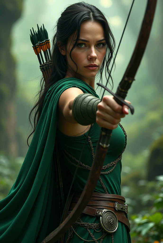 Gal Gadot,archer characteristics,fantasy,realistic, green cloth, sexy