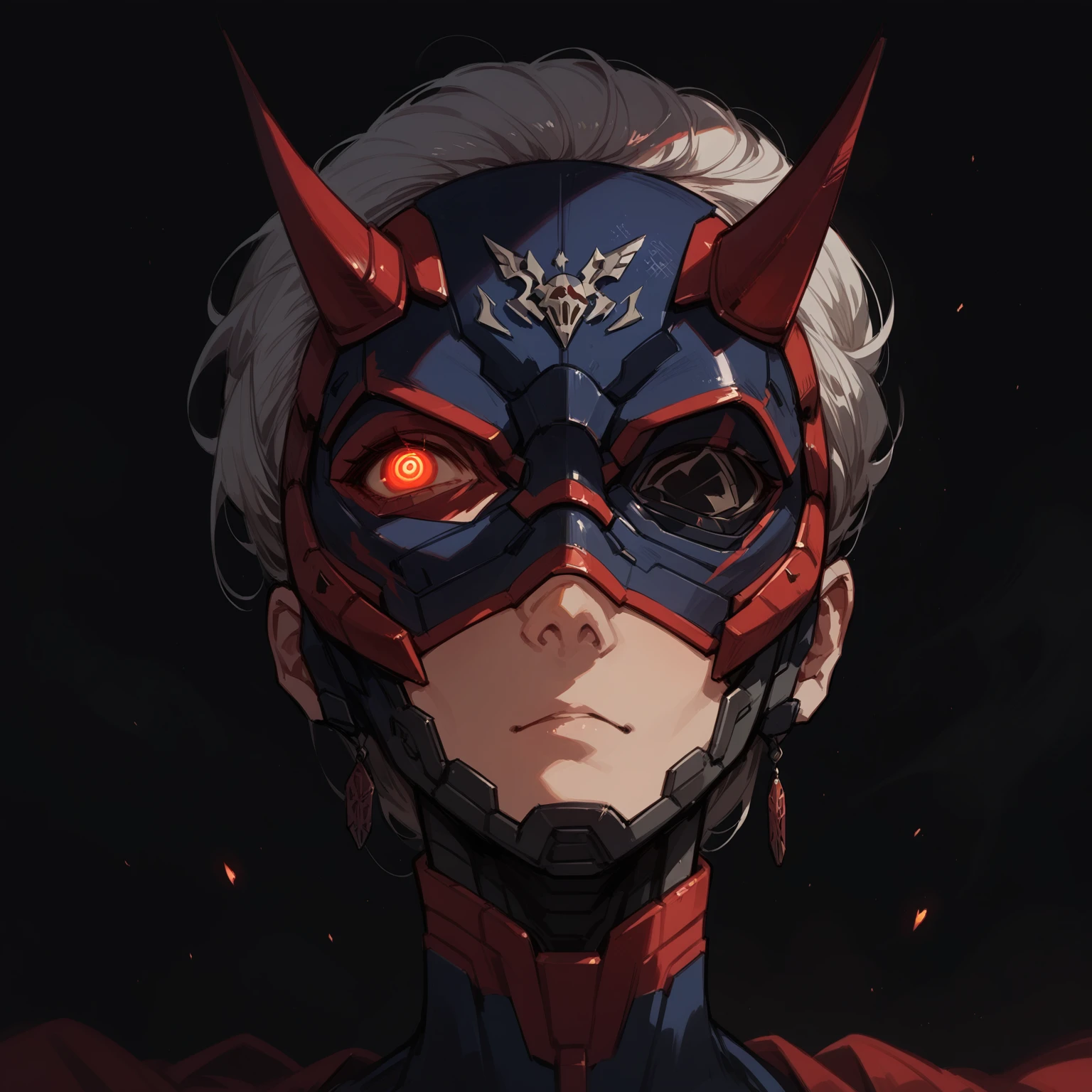 Anime Style,Mechanical Hannya Mask,A woman wearing a Hannya mask,Glowing Eyes、Iron Man Mask