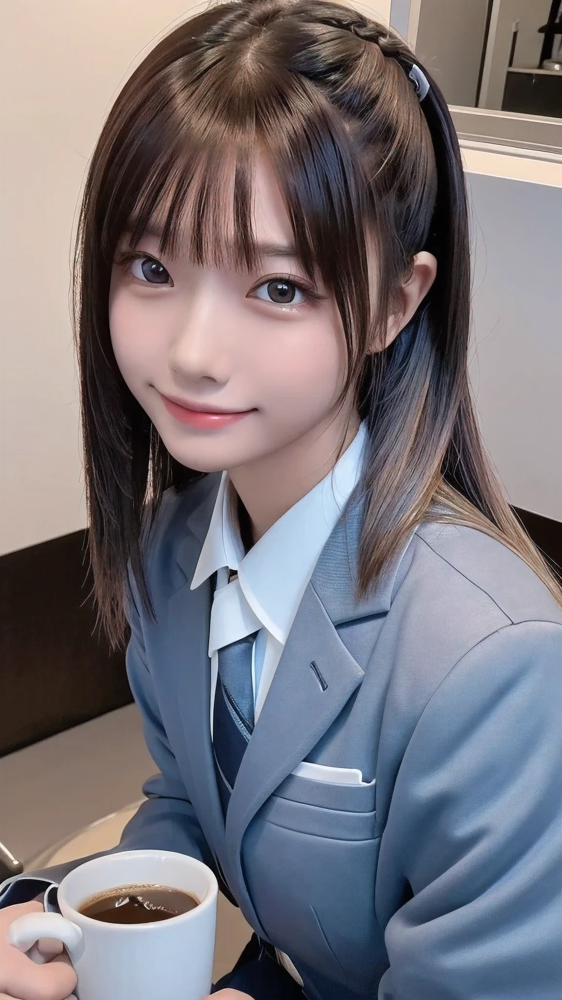 ((masterpiece, Highest quality, High resolution)), 1 Japanese person, (Realistic: 1.4), smile、Great face,Glossy lips、, Silver Hair、Silver Hair、High Ponytail、(Beautiful Hair:1.5), School Blazer Uniform、Cafe、Sitting on a chair、Drinking hot coffee、Staring、Face is front、The body is frontal、Angle from the front, Smooth, Highly detailed CG composite 8K wallpaper, High resolution RAW color photos, Professional photography, Light, BackLight, impressive, Written boundary depth, (Face close-up:1.4)