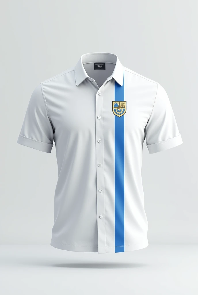 A simple white school shirt with short sleeves, a V-neck and a blue stripe in the middle, on the sleeves, It has a collar and a button closure on the shirt, A crest in the center of the shirt and a blue stripe in the center horizontally with a width of 3 cm