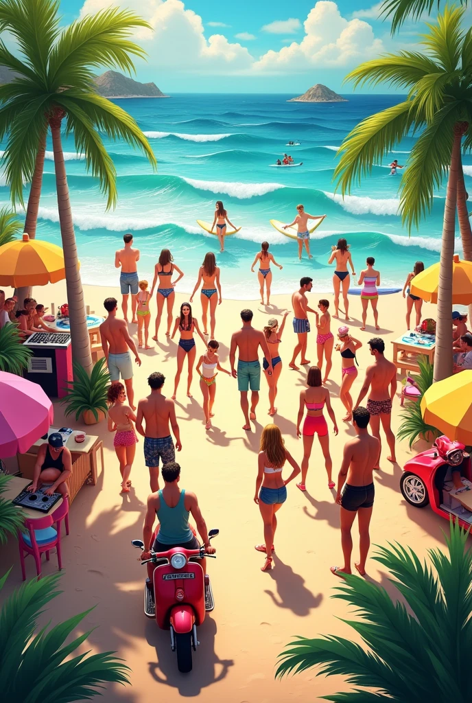 A photorealistic scene with 20 people at a lively outdoor party. One is DJing, four play instruments, a guy sits on a red motorcycle, and a girl on a pink scooter. Five are on surfboards, either in the water or preparing on land. The remaining eight are dancing, chatting, or relaxing in a vibrant, sunny beach setting.