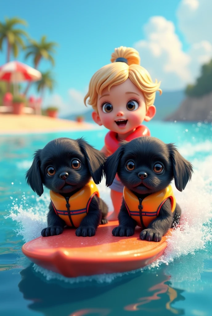 cute adorable 2 black shih tzu puppies, cute blonde girl, extremely detailed, big blue eyes, wearing colorful collar and life jackets, water skiing, 3D Pixar style, at beach, colorful sand, photorealistic, (best quality,8k,highres,masterpiece:1.2),ultra-detailed,(realistic:1.37),HDR,vivid colors,studio lighting