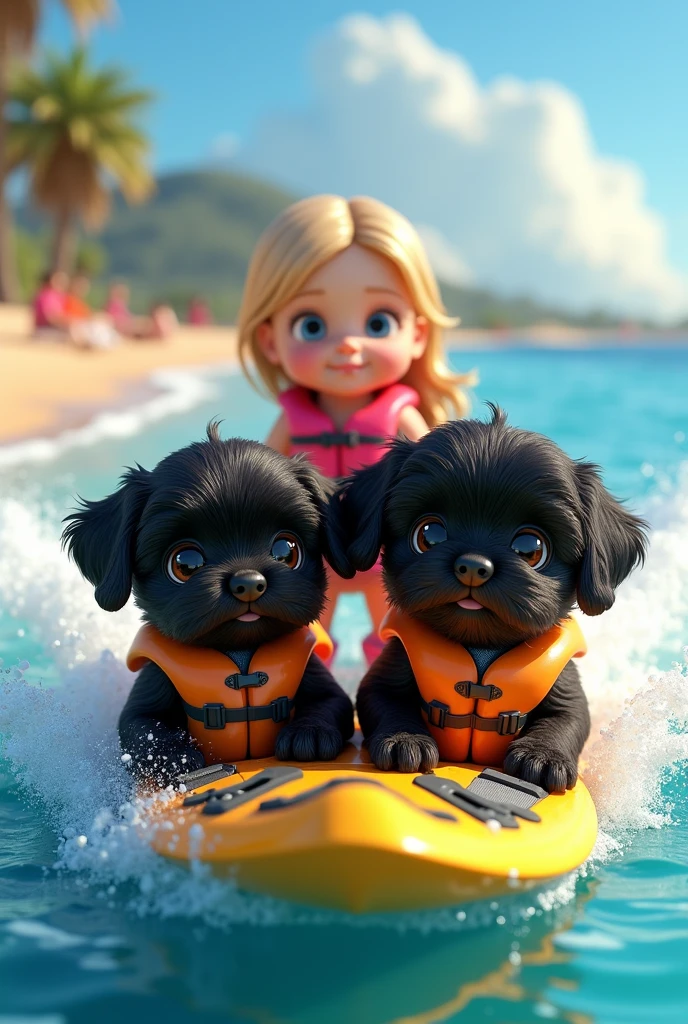 cute adorable 2 black shih tzu puppies, cute blonde girl, extremely detailed, big blue eyes, wearing colorful collar and life jackets, water skiing, 3D Pixar style, at beach, colorful sand, photorealistic, (best quality,8k,highres,masterpiece:1.2),ultra-detailed,(realistic:1.37),HDR,vivid colors,studio lighting