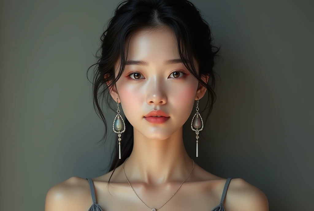 Wearing only one long shirt, (all buttons open: 1.1), big breasts, deep cleavage, best quality, masterpiece, illustration, very delicate and beautiful, very detailed, CG, unity, 8K wallpapers, amazing, fine detail, very detailed CG Unity 8K wallpapers, huge file size, very detailed, high resolution, handsome detail woman, very detailed eyes and face, wonderful detailed eyes, light on face, (Best Illustration: 1.1), (Best Shadow: 1.1), Ultra High Resolution, (Photoreal: 1.1), (Photo Realistic: 1.2:1.1), Realistic Face Proportions, Slender, Smile, (Makeup: 0.4), (Fluffy Black Eyes: 1.21), Black Eyes, Looking at the Viewer, Dark Brown Hair, Earrings, Necklaces, Hairpins, Cowboy Shots, (Irregular Irregular Skin Imperfections, Veins, Skin Wrinkles Pores: 1.2), (Dark Night Background: 1.2), (Bokeh: 1.4),