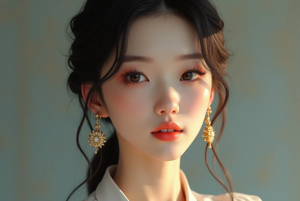 High resolution,4K,High resolution,One person, photoRealistic, Realistic,Sweaty skin, Thin face,Yangmi,Heavy makeup, Are standing,(((Half Body))), Medium chest,Earrings ,