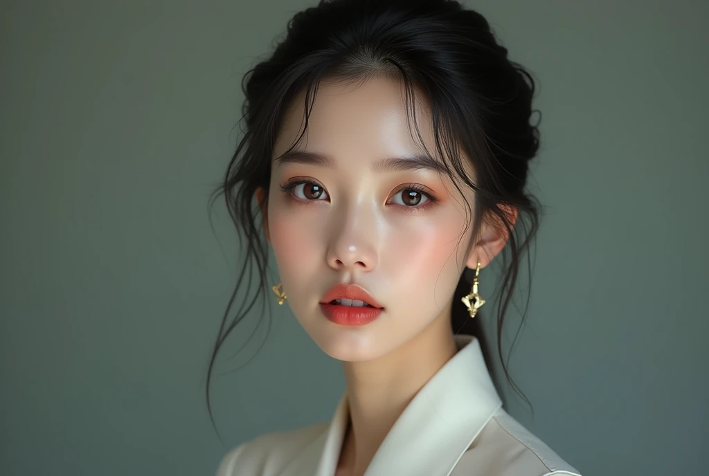 High resolution,4K,High resolution,One person, photoRealistic, Realistic,Sweaty skin, Thin face,Yangmi,Heavy makeup, Are standing,(((Half Body))), Medium chest,Earrings ,