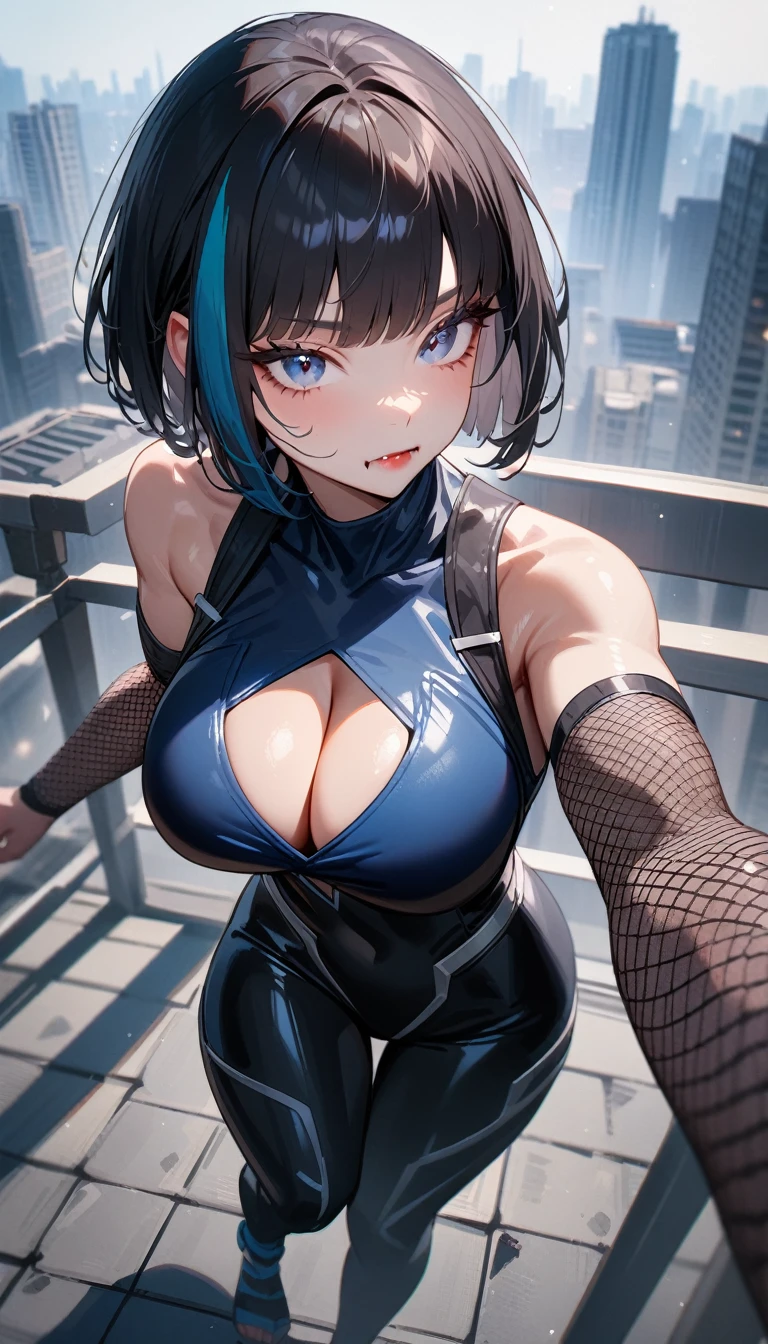 1girl,solo,super detailed skin,shiny skin,expressionless face,,, black hair, highlights hair, Blue streaked hair,bob hair,,hime cut,eyelashes,lips gloss ,fangs,,large soft breasts,fullbodysuit,fishnet arms,cleavage cutout,ninja clothes ,cleavage cutout,dark mist magic,Rooftop perspective, vibrant cityscape below,masterpiece,best quality,ultra detailed,high resolution,sharp focus
