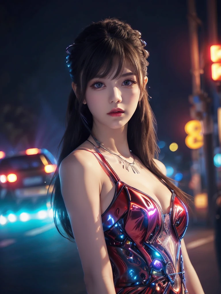 4k ultra hd, masterpiece, high details, a girl, cute face, detailed eyes, long hair, detailed lips, medium breasts, red lights on dress, Cyberpunk red dress, red neon lights connected on dress, neon breasts, bare waist, red electric current effect, glowing effect, direct-x 2.0 visual effect, high graphic night lights, spreading light, red light reflection, light reflection on road, everywhere spreading red lights, neon lights, sitting, whole body capture,