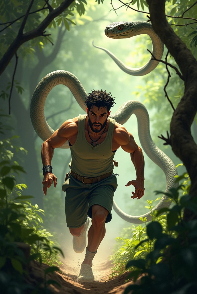 A man running behind a snake