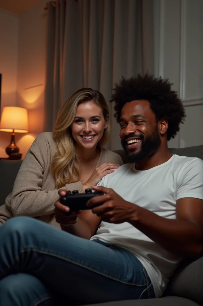A married white woman grabbing a black man's dick while her white husband plays video games